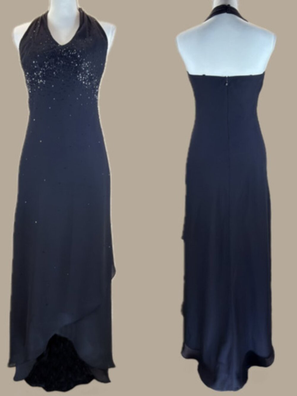 Cache Beaded Halter Maxi Dress Size 4 Black Lined Open Back 90s Evening Prom